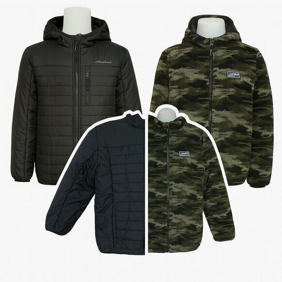 Eddie Bauer Reversible Puffer Jacket Kids L 14/16 Black Camo Hooded Winter Coat - Picture 1 of 16